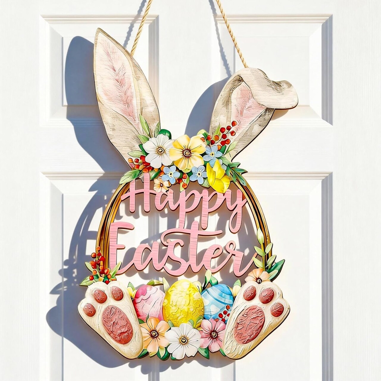 Wooden Easter Bunny Wreath – Hollow Bunny Door Sign with Flowers & Eggs, Spring Front Door & Wall Decor, Indoor & Outdoor